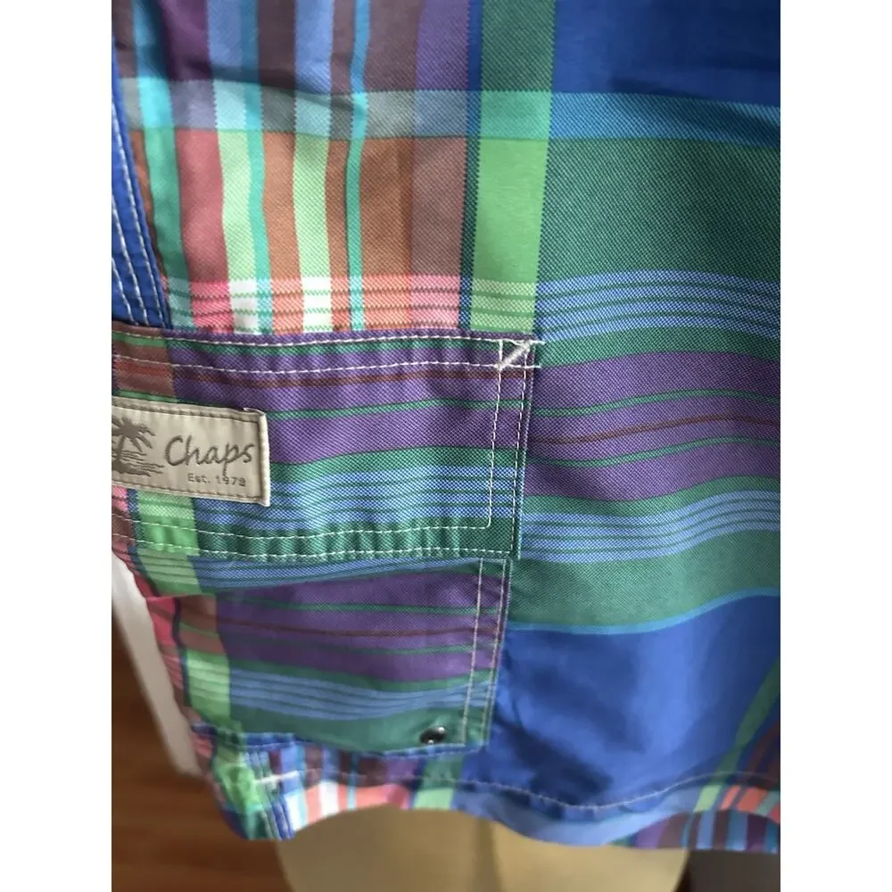 Mens Chaps Plaid Swimsuit Swim Trunks Blue Green Blue Lined With Pockets XL